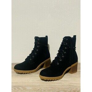 Women's Black Lace-Up Boots with Wide Heel and Track Sole, Military/Combat Style